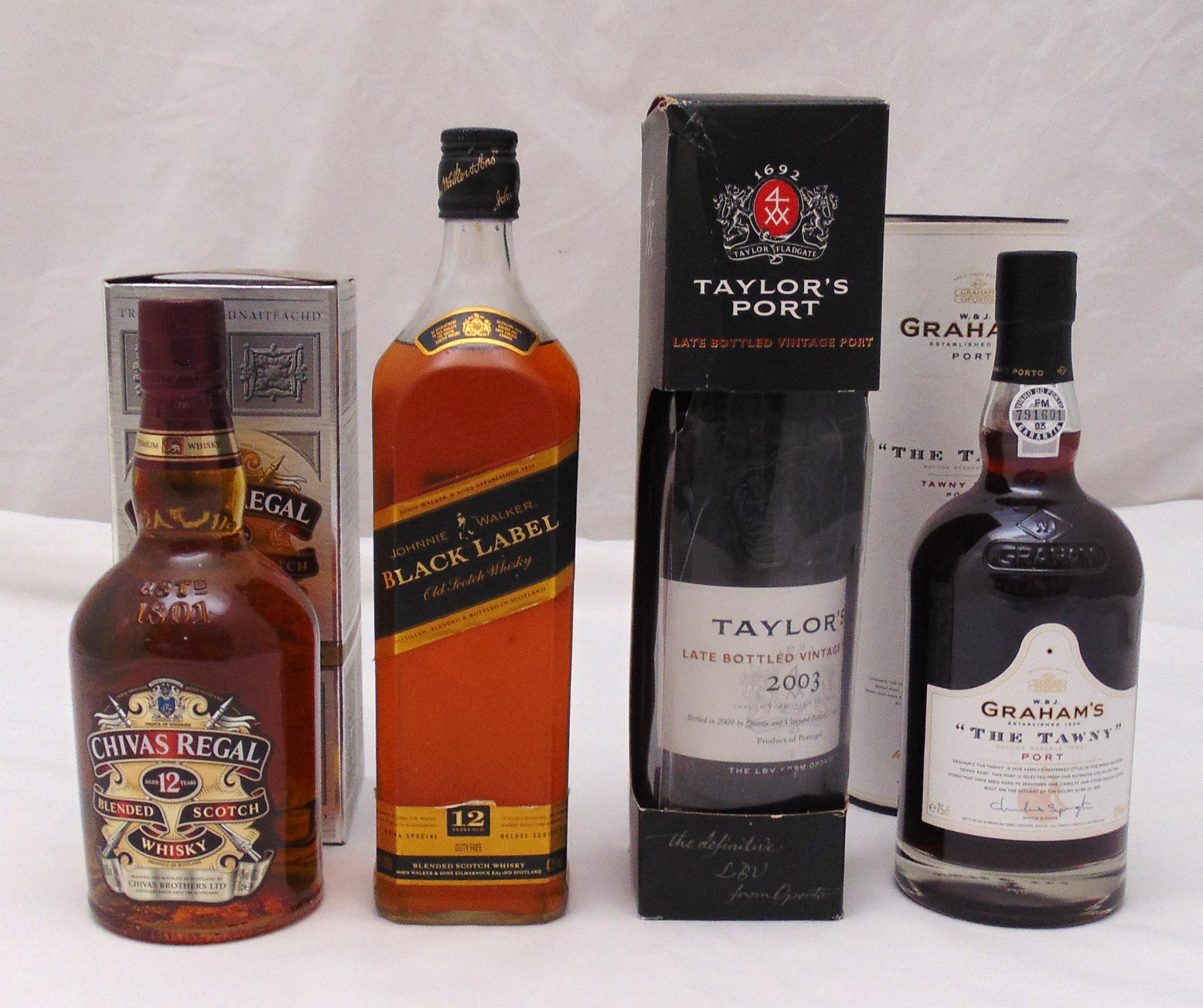 A quantity of whisky and port to include Chivas Regal 70cl, Johnnie Walker Black label 1 litre,