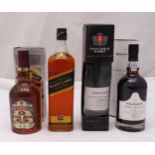 A quantity of whisky and port to include Chivas Regal 70cl, Johnnie Walker Black label 1 litre,