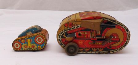 Two Marx Toys made in America US Army vintage litho tin plate turnover tank no.3 and no.5, play