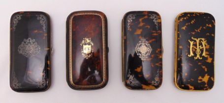 Two tortoiseshell and silver inlay rounded rectangular cheroot cases, the hinged covers revealing