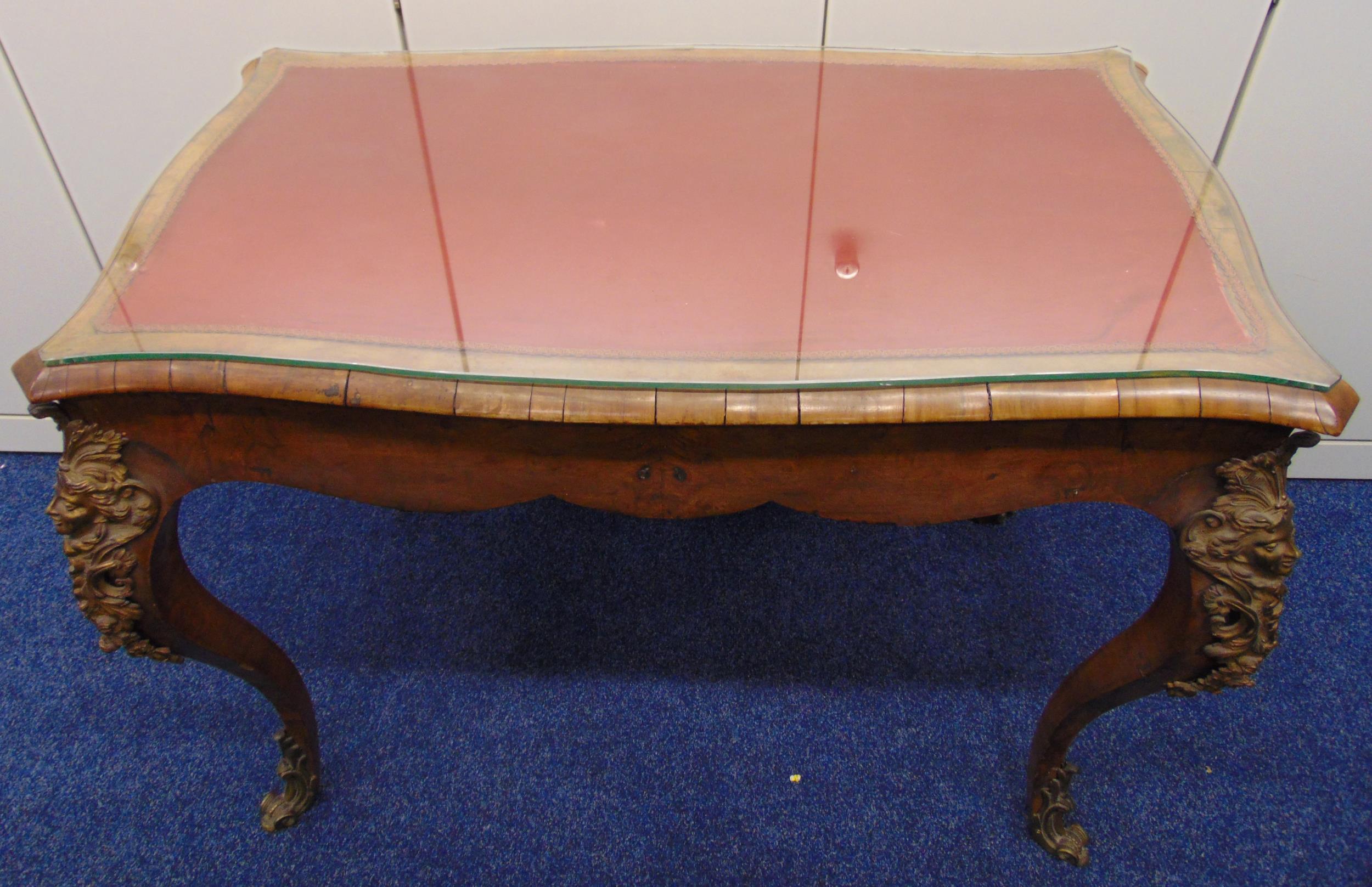 A French 19th century rectangular mahogany hall table with inset fabric and glass top on cabriole - Image 2 of 2