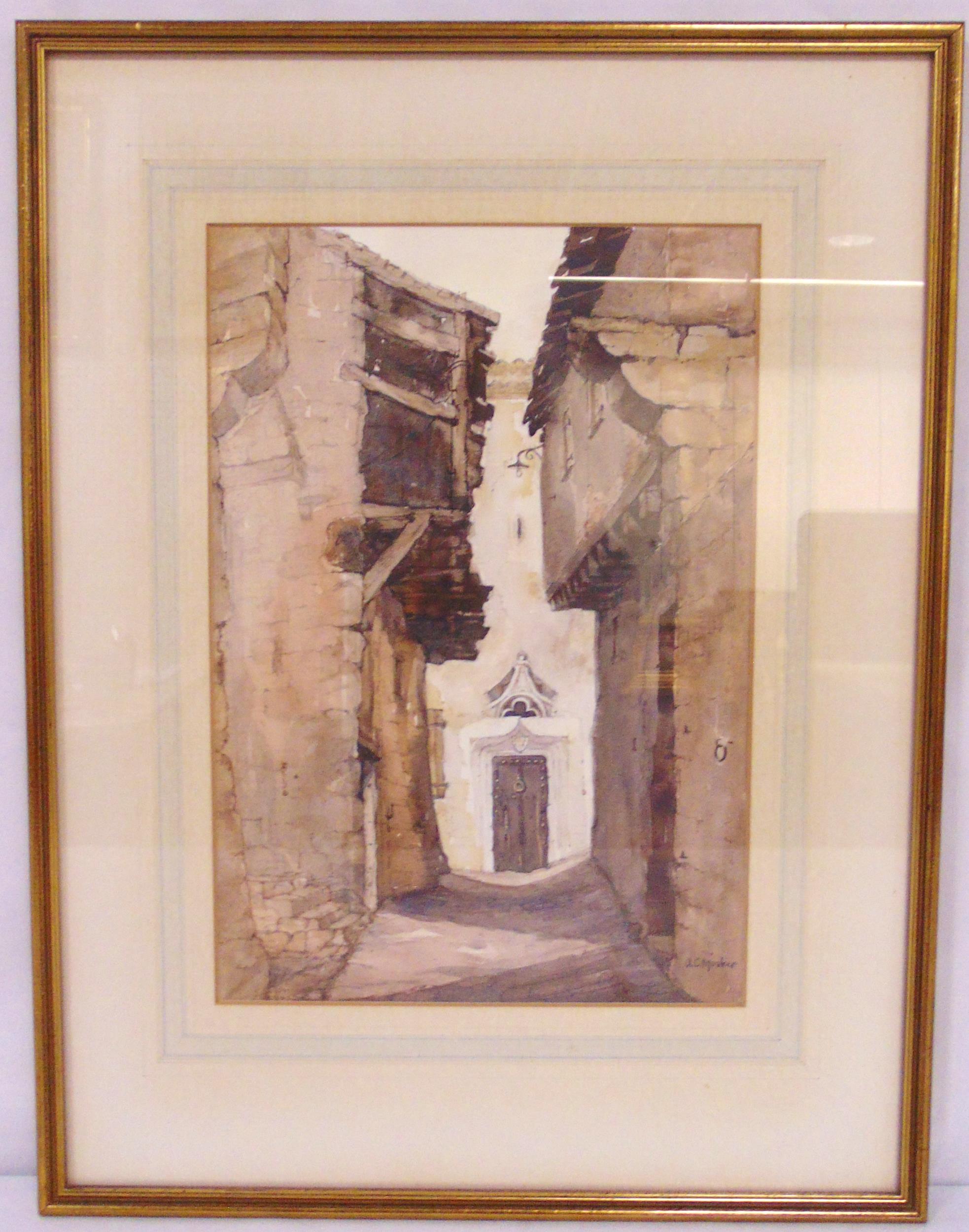Alison Musker framed and glazed watercolour titled La Paix Puycelci, signed bottom right, label to