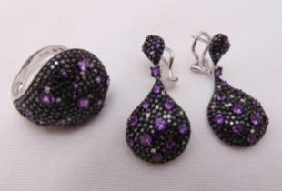 18ct white gold, black diamond and amethyst dress ring and a pair of matching earrings, approx total