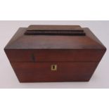 A late Victorian rectangular mahogany tea caddy with raised hinged cover, 14 x 20.5 x 11.5cm, A/F