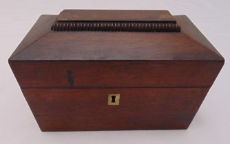 A late Victorian rectangular mahogany tea caddy with raised hinged cover, 14 x 20.5 x 11.5cm, A/F