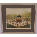 Helen Bradley framed polychromatic print figures by a bandstand, signed bottom right, 43.5 x 52cm