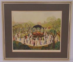 Helen Bradley framed polychromatic print figures by a bandstand, signed bottom right, 43.5 x 52cm