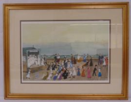 Helen Bradley framed and glazed polychromatic print figures on a promenade, signed bottom right,