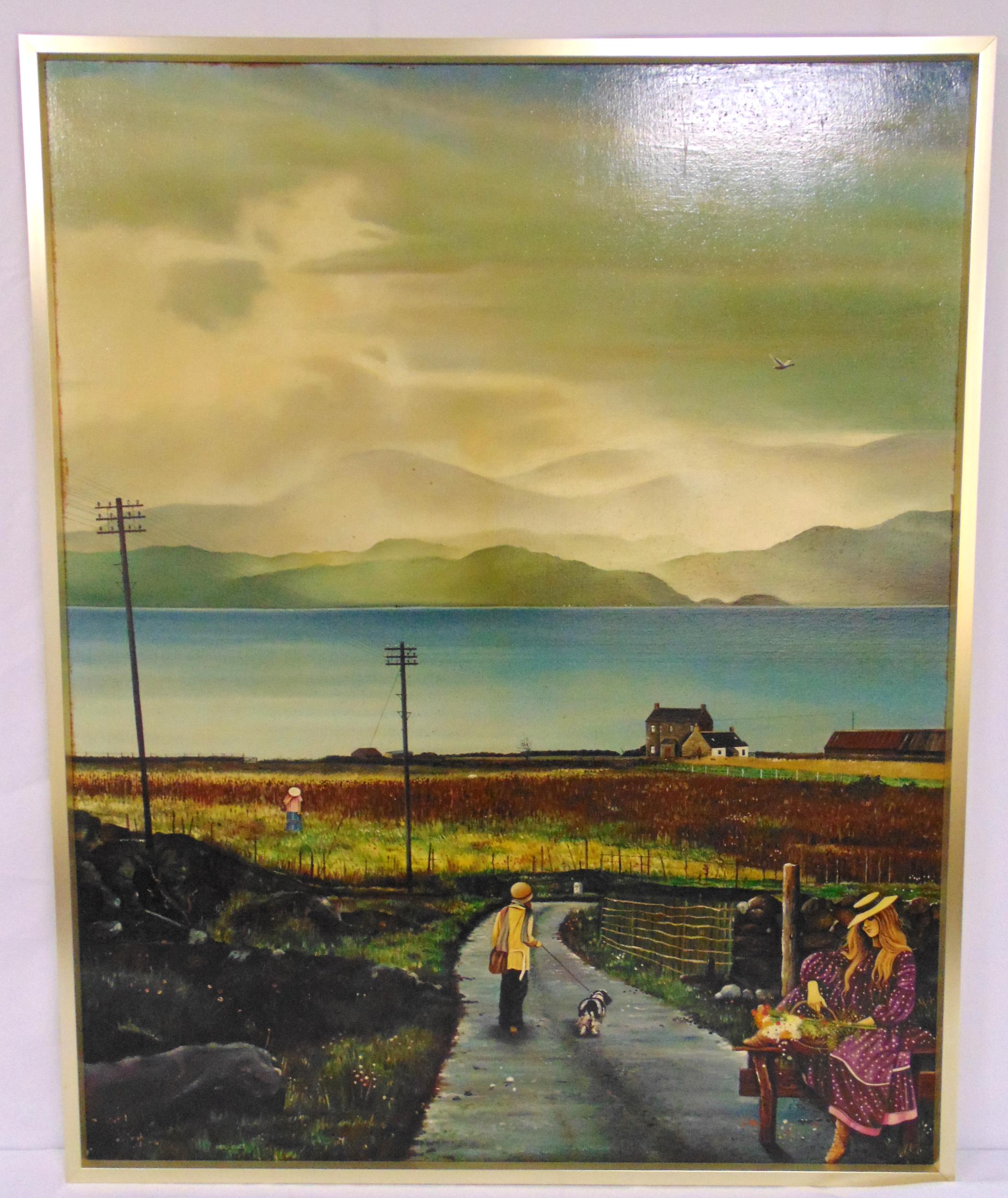 Eric Scott framed oil on canvas of figures on a path with a lake and mountains in the background,