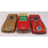 Three vintage litho tin plate large format friction cars, all play worn