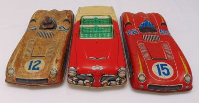 Three vintage litho tin plate large format friction cars, all play worn