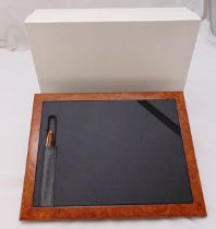 Burr walnut and faux leather writing slope in original packaging, 35 x 45cm