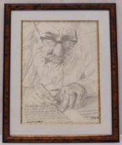 A framed and glazed pencil sketch of a scribe writing Hebrew characters, 40 x 30cm