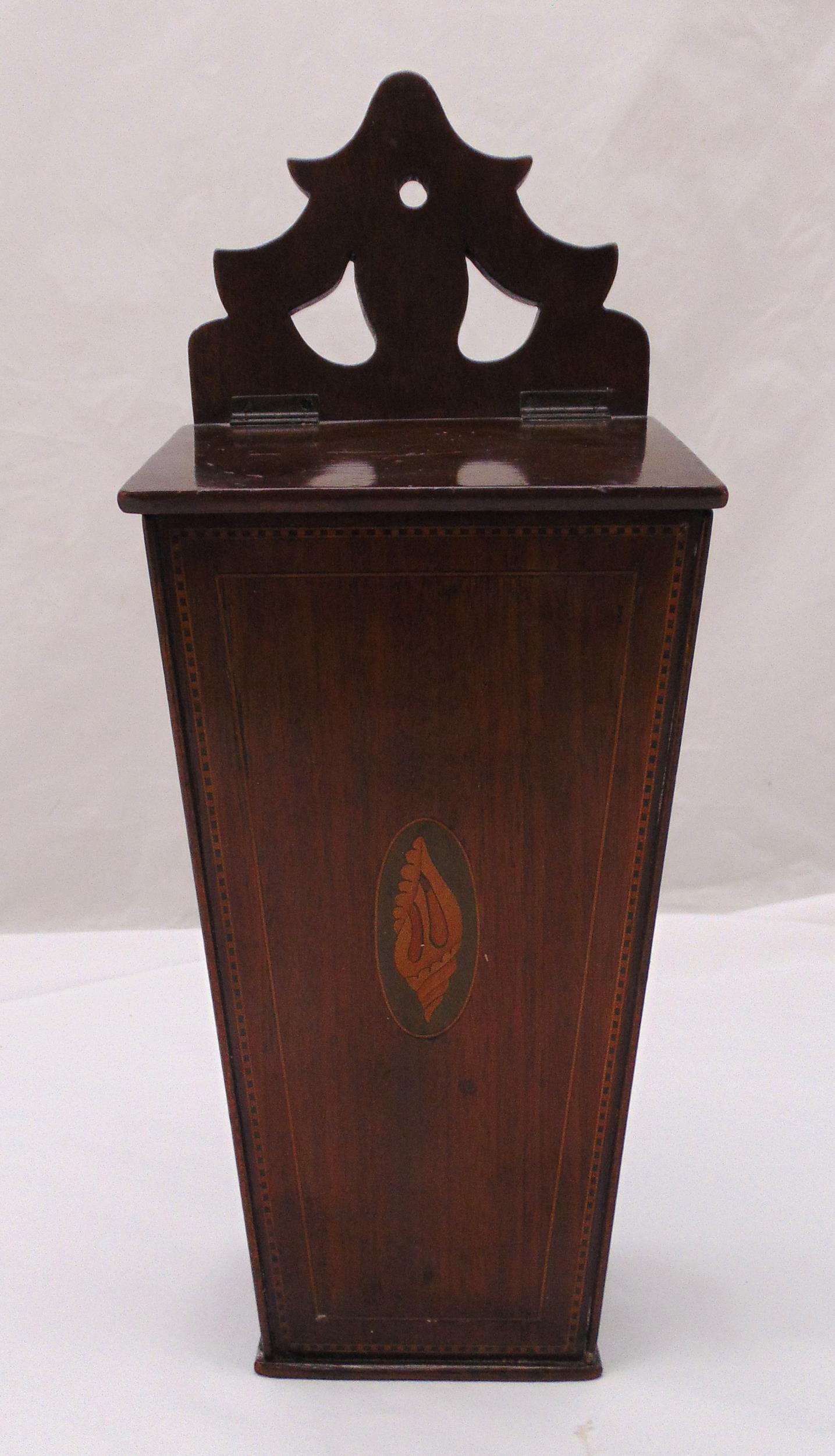 An Edwardian mahogany candle box tapering rectangular, inlaid with satinwood detail with scroll