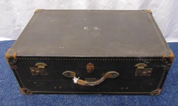 A rectangular leather bound steamer trunk, Harrods label to inside cover, 30 x 76.5 x 49.5cm A/F