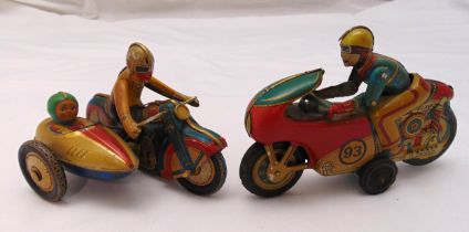 Vintage litho tin plate clockwork Motorcycle and Sidecar and a vintage litho tin plate Motorcycle