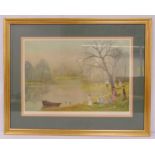 Helen Bradley framed and glazed polychromatic print figures by a lake, signed bottom right, 40 x
