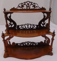 A late 19th century mahogany graduated wall hanging three tier whatnot, 48 x 54 x 19.5cm, A/F