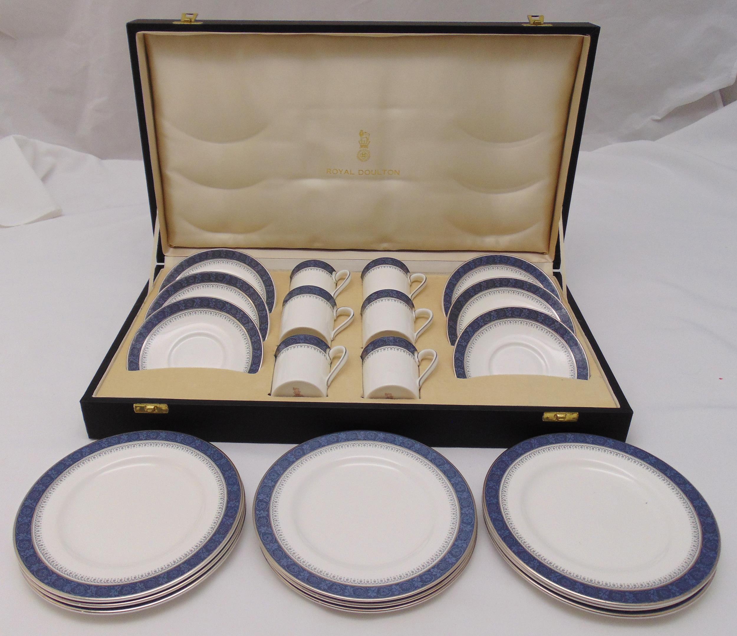 Royal Doulton Sherbrooke pattern H5009 fine bone china cased set of six coffee cups, saucers and