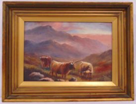 McGhie framed oil on panel of Highland Cattle, signed and dated 1915 bottom right, 18.5 x 27.5cm