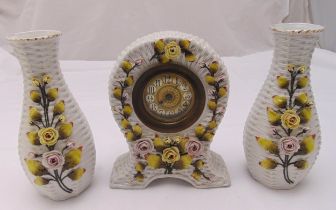 A continental ceramic clock set with applied floral mounts, clock 24.5 x 20 x 7.5cm A/F