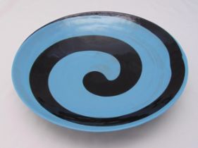 Murano glass circular table centrepiece turquoise with black swirl, 45.5cm (dia)