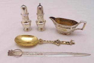 A quantity of hallmarked silver and white metal to include salt and pepper, a letter opener, a spoon