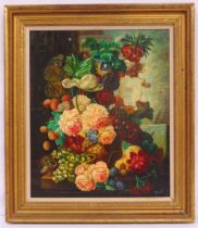 A framed oil on panel still life of flowers, indistinctly signed bottom right, 60.5 x 50.5cm