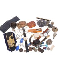 A tray of various items including pill pots, miniature dominoes, glasses, watches etc