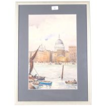 L Stanley Crosbie - Watercolour, framed. A view over the Thames towards St Paul's cathedral,