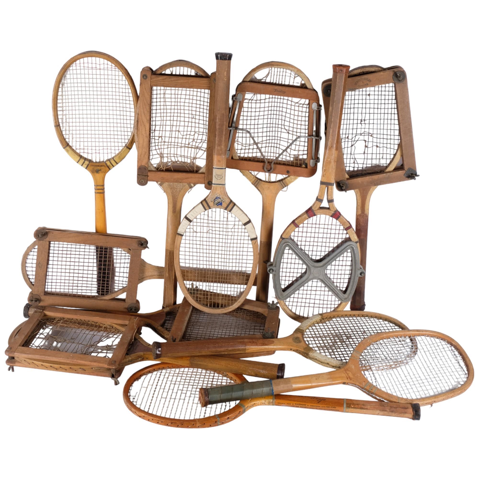 Various Vintage wooden tennis rackets and presses, including Dunlop, Slazenger etc. (12).