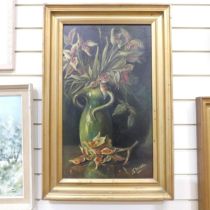 K Nicholls, gilt-framed oil on canvas vase of flowers, 75cm x 49cm overall