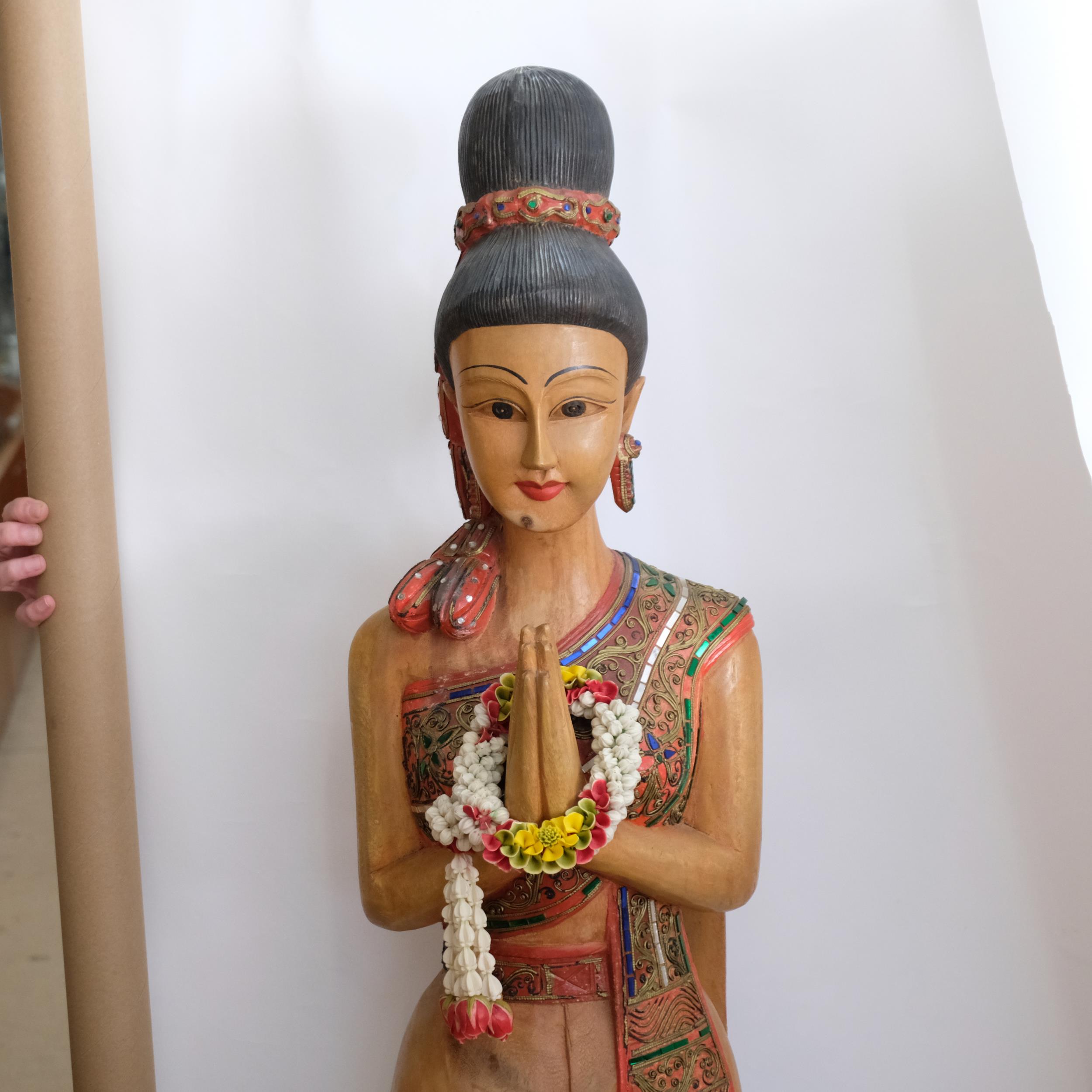 A Thai carved and painted wood figure of a Sawasdee female. H - 152cm. - Image 2 of 2