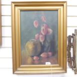 Oil on canvas, still life, flowers and a vase, gilt-frame, 64cm x 49cm overall