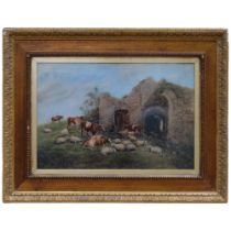 Oil painting, sheep and cattle by ruined building, gilt-framed, 52cm x 67cm overall