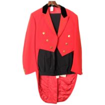 A gentleman's red and black velvet collared ringmaster's jacket, retailed by Moss Brothers Covent