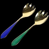 N M THUNE - a pair of Norwegian silver-gilt and enamel serving forks