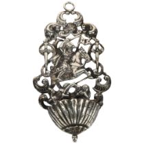 A German unmarked silver holy water receptacle, with relief embossed cavalier decoration, height