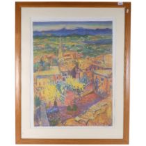 Freddie Gore R A - A limited edition coloured print, continental town scene, 157/250. 107x86cm,