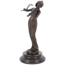 A bronze figure of a girl playing the violin, on marble plinth, 18cm