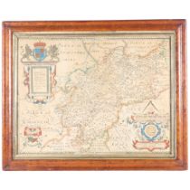 An 18th century hand coloured map of Warwickshire, framed, 50cm x 62cm