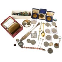 A collection of various costume jewellery, wristwatch, plated ware, marbles, coins, silver-backed