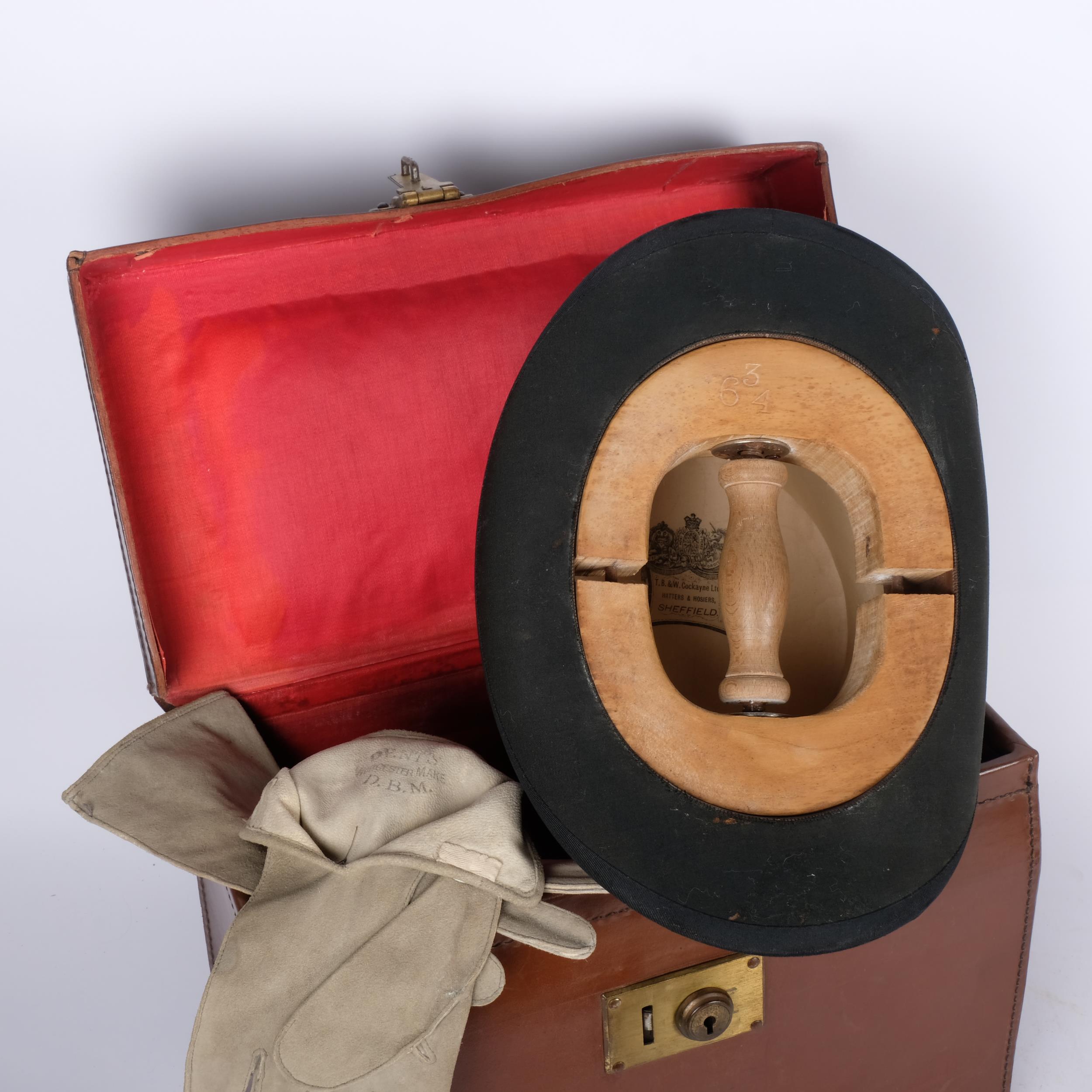 Antique leather hat box with brass lock, containing a top hat by Cockayne of Sheffield, size 6 and - Image 2 of 2