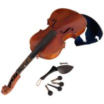 A wooden violin, in associated wooden hardshell case, no bow, violin back length 13" The violin is