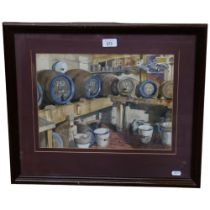 G W Lewis, watercolour, beer cellar with jugs and enamel buckets, framed, 47cm x 54cm