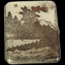 A sterling silver cigarette case, with engraved pagoda decoration