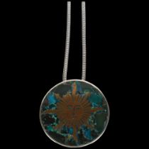 ANTONIO TAXCO - a large Mexican brass and composite stone inlaid sterling silver sun pendant