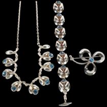 HERMANN SIERSBOL - a Danish modernist sterling silver blue paste demi-parure, comprising necklace,