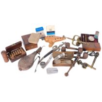 Various interesting items including a leather powder flask, Victorian walnut travelling pocket watch
