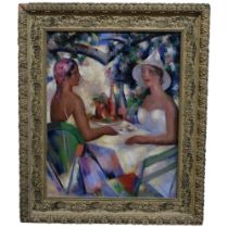 A contemporary oil on board - ladies having lunch. 65x54cm, gilt gesso framed.